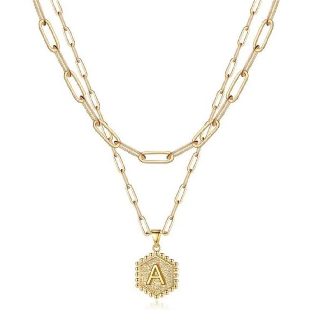 14K Solid Gold Over Layering Necklaces Cute Hexagon Letter A Initial